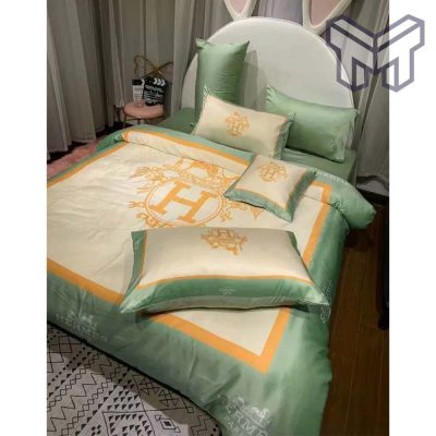 Hermes Bedding Set, Hermes Light Green Luxury Brand Bedding Set Duvet Cover Set Home Decor