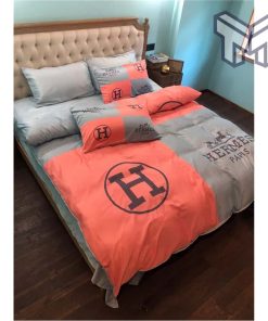 Hermes Bedding Set, Hermes Light Red Grey Luxury Brand Premium Bedding Set Bedspread Duvet Cover Set Home Decor