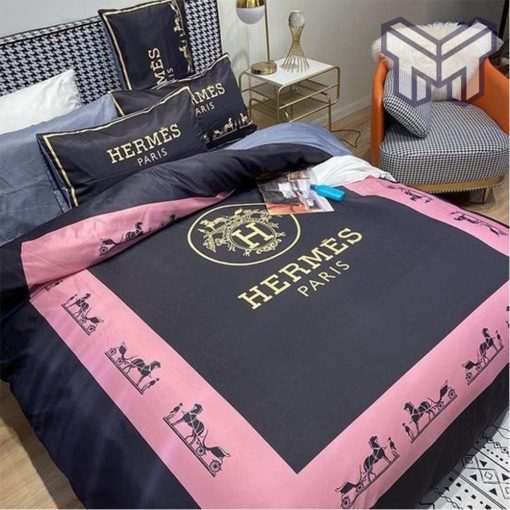 Hermes Bedding Set, Hermes Logo Pinky New Fashion Luxury Brand Bedding Set Bedspread Duvet Cover Set