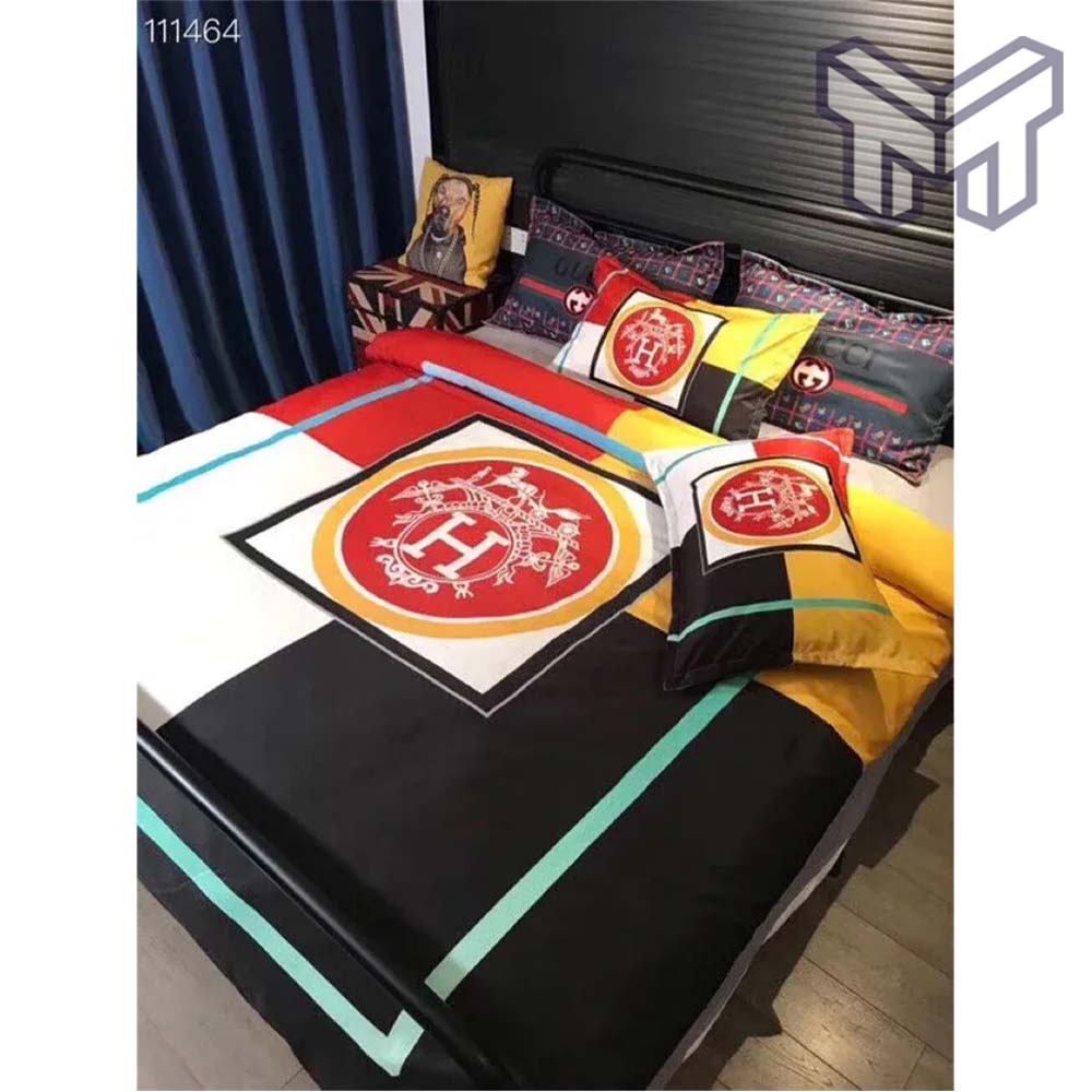 Hermes Bedding Set, Hermes Mixing Color Luxury Brand Bedding Set Duvet Cover Home Decor