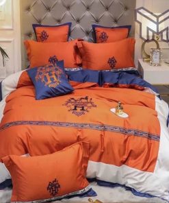 Hermes Bedding Set, Hermes Orange Logo Luxury Brand Bedding Set Duvet Cover Home Decor