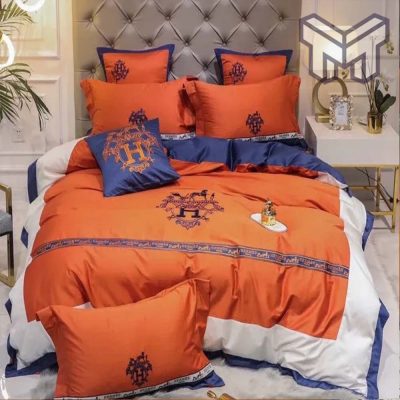 Hermes Bedding Set, Hermes Orange Logo Luxury Brand Bedding Set Duvet Cover Home Decor