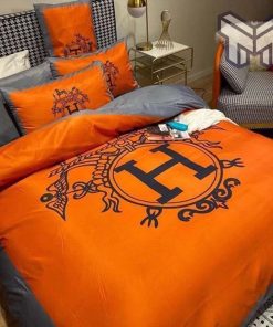 Hermes Bedding Set, Hermes Orange Logo Luxury Brand Bedding Set Home Decor