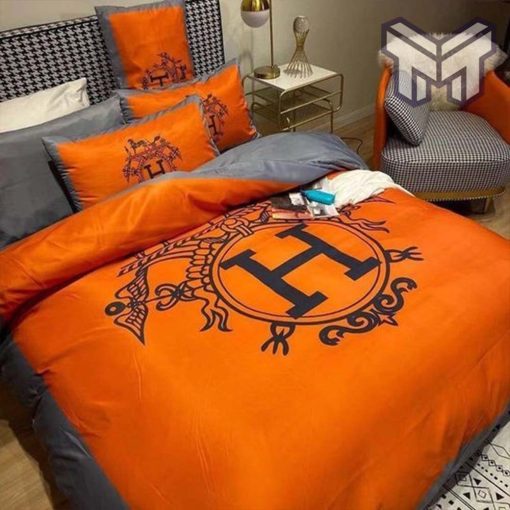 Hermes Bedding Set, Hermes Orange Logo Luxury Brand Bedding Set Home Decor