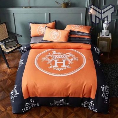 Hermes Bedding Set, Hermes Orange Luxury Brand Bedding Set Bedspread Duvet Cover Set Home Decor