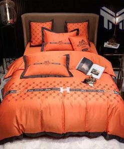 Hermes Bedding Set, Hermes Orange Luxury Brand Bedding Set Duvet Cover Set Home Decor