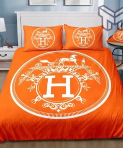 Hermes Bedding Set, Hermes Orange New Luxury Fashion Brand Bedding Set Bedspread Duvet Cover Set