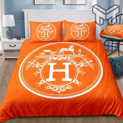 Hermes Bedding Set, Hermes Orange New Luxury Fashion Brand Bedding Set Bedspread Duvet Cover Set