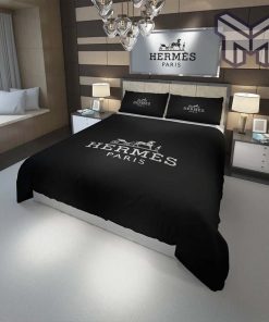 Hermes Bedding Set, Hermes Paris Black Fashion Luxury Brand Premium Bedding Set Home Decor