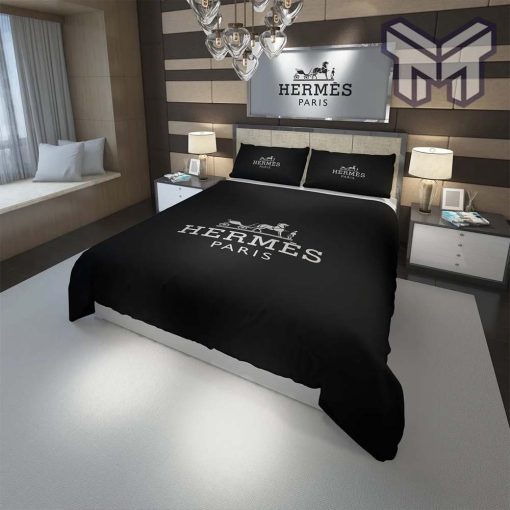 Hermes Bedding Set, Hermes Paris Black Fashion Luxury Brand Premium Bedding Set Home Decor