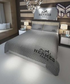 Hermes Bedding Set, Hermes Paris Grey Fashion Luxury Brand Premium Bedding Set Home Decor