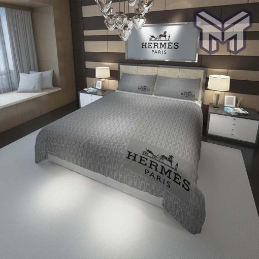 Hermes Bedding Set, Hermes Paris Grey Fashion Luxury Brand Premium Bedding Set Home Decor