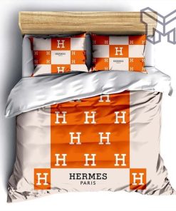 Hermes Bedding Set, Hermes Paris Logo Fashion Luxury Brand Bedding Set Bedspread Duvet Cover Set