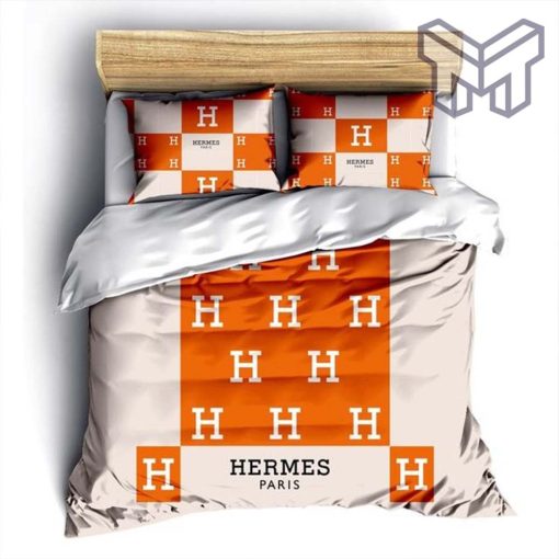 Hermes Bedding Set, Hermes Paris Logo Fashion Luxury Brand Bedding Set Bedspread Duvet Cover Set