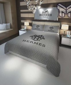 Hermes Bedding Set, Hermes Paris Logo Grey Fashion Luxury Brand Premium Bedding Set Home Decor