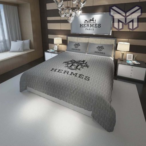 Hermes Bedding Set, Hermes Paris Logo Grey Fashion Luxury Brand Premium Bedding Set Home Decor