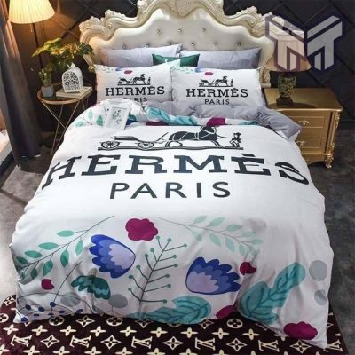 Hermes Bedding Set, Hermes Paris Logo Luxury Brand Bedding Set Home Decor