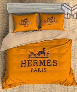 Hermes Bedding Set, Hermes Paris Orange Fashion Luxury Brand Premium Bedding Set Home Decor