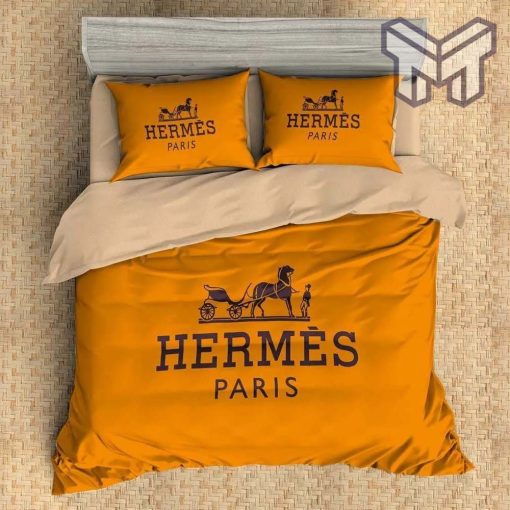 Hermes Bedding Set, Hermes Paris Orange Fashion Luxury Brand Premium Bedding Set Home Decor