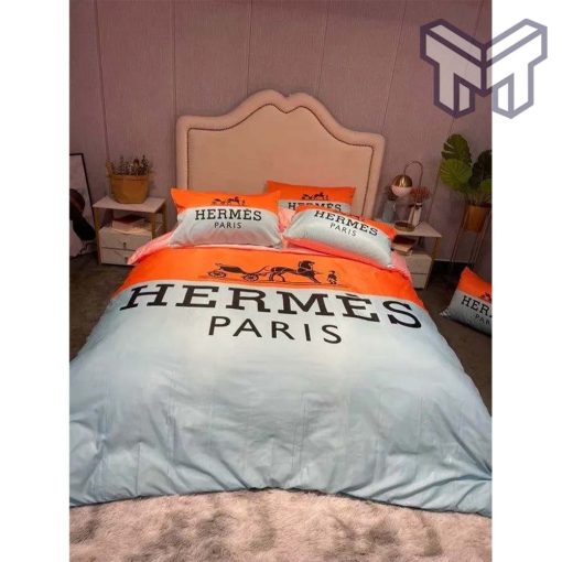 Hermes Bedding Set, Hermes Paris Orange Grey Luxury Brand Premium Bedding Set Bedspread Duvet Cover Set Home Decor