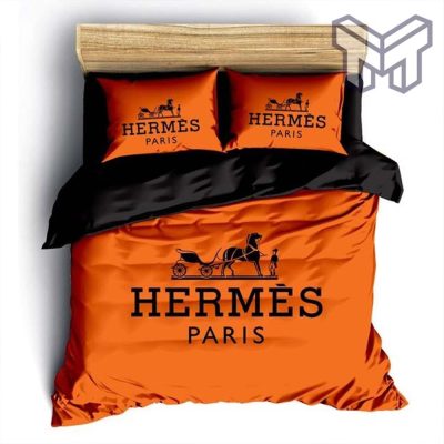 Hermes Bedding Set, Hermes Paris Orange Luxury Brand Fashion  Bedding Set Bedspread Duvet Cover Set