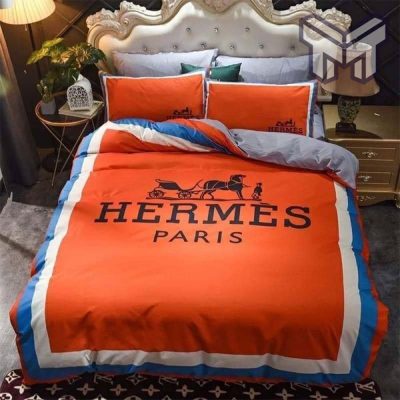 Hermes Bedding Set, Hermes Paris Premium Logo Luxury Brand Bedding Set Home Decor