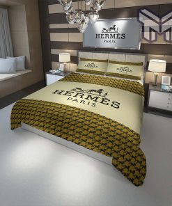 Hermes Bedding Set, Hermes Paris Yellow Fashion Luxury Brand Premium Bedding Set Home Decor