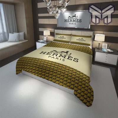 Hermes Bedding Set, Hermes Paris Yellow Fashion Luxury Brand Premium Bedding Set Home Decor