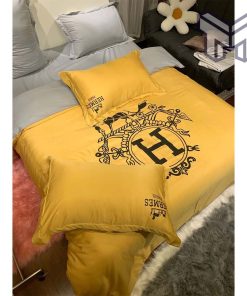 Hermes Bedding Set, Hermes Paris Yellow Luxury Brand Premium Bedding Set Bedspread Duvet Cover Set Home Decor