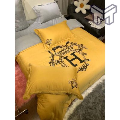 Hermes Bedding Set, Hermes Paris Yellow Luxury Brand Premium Bedding Set Bedspread Duvet Cover Set Home Decor