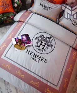 Hermes Bedding Set, Hermes Pinky Premium Logo Luxury Brand Bedding Set Home Decor