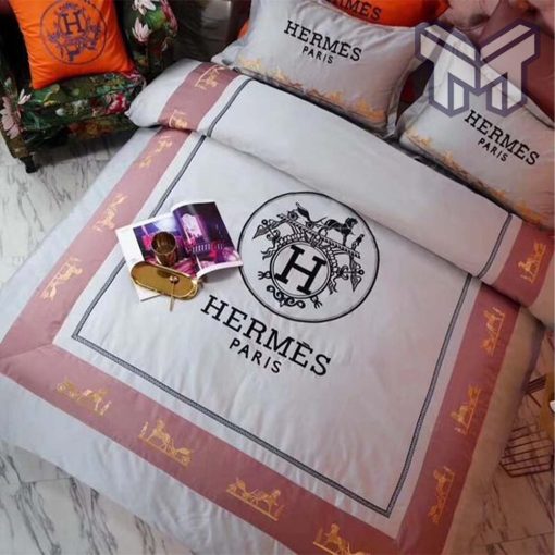 Hermes Bedding Set, Hermes Pinky Premium Logo Luxury Brand Bedding Set Home Decor