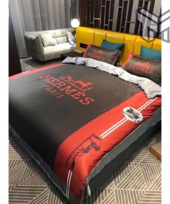 Hermes Bedding Set, Hermes Red Black Premium Logo Luxury Brand Bedding Set Home Decor