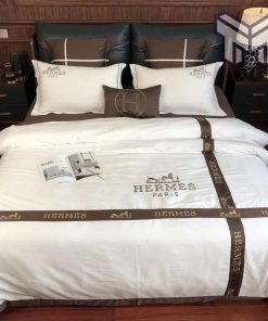 Hermes Bedding Set, Hermes White Brown Luxury Brand Premium Bedding Set Duvet Cover Home Decor