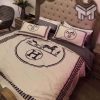 Hermes Bedding Set, Hermes White Luxury Brand Bedding Set Home Decor