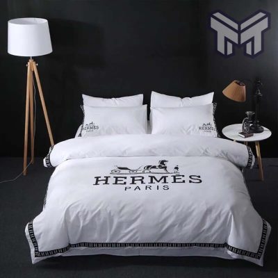 Hermes Bedding Set, Hermes White Luxury Brand Premium Bedding Set Bedspread Duvet Cover Set Home Decor