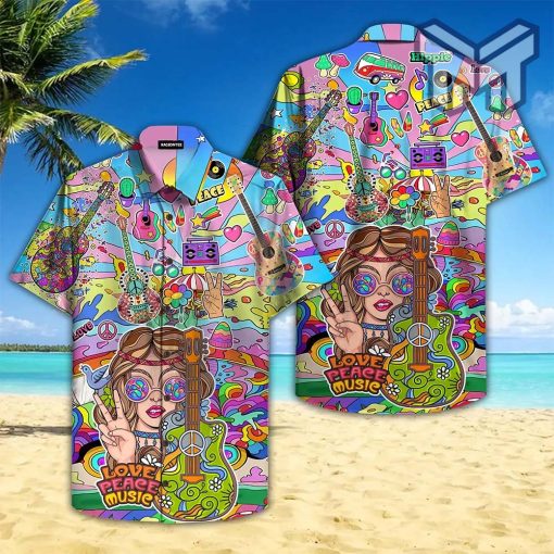 Hippie Guitar Hawaiian Graphic Print Short Sleeve Hawaiian Shirt