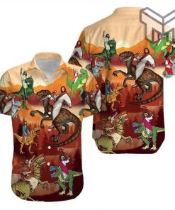 Jesus Rides A Dinosaur Hawaiian Graphic Print Short Sleeve Hawaiian Casual Shirt