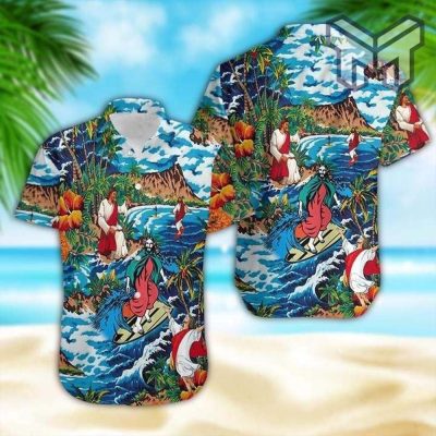 Jesus Surfing On Island Hawaiian Graphic Print Short Sleeve Hawaiian Shirt