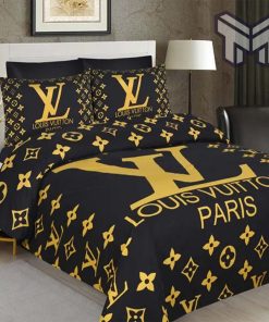 Louis Vuiton Black Golden Paris Logo Luxury Brand Bedding Set Home Decor