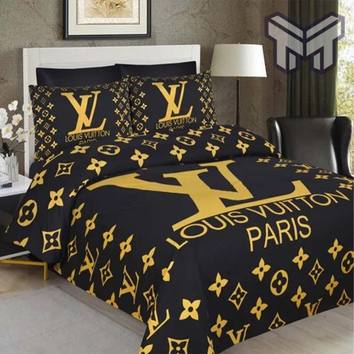 Louis Vuiton Black Golden Paris Logo Luxury Brand Bedding Set Home Decor