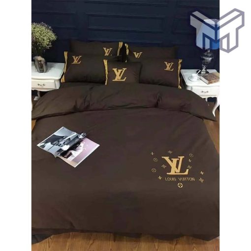 Louis Vuitton Basic Golden Logo Brown Luxury Brand Bedding Set Duvet Cover Home Decor