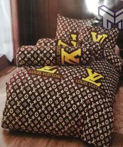 Louis Vuitton Bedding Set, Louis Vuitton Brown Golden Logo Luxury Brand Bedding Set Home Decor