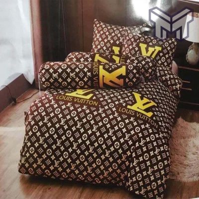 Louis Vuitton Bedding Set, Louis Vuitton Brown Golden Logo Luxury Brand Bedding Set Home Decor