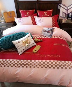 Louis Vuitton Red Light Pink Luxury Brand Premium Bedding Set Duvet Cover Home Decor