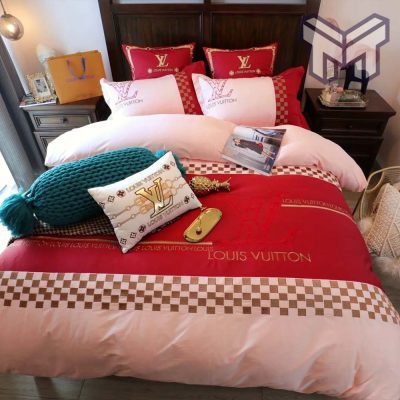 Louis Vuitton Red Light Pink Luxury Brand Premium Bedding Set Duvet Cover Home Decor