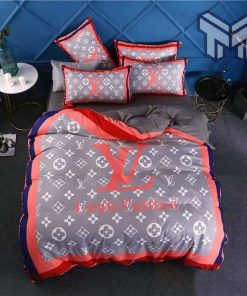 Louis Vuitton Red Logo Grey Luxury Brand Premium Bedding Set Duvet Cover Home Decor