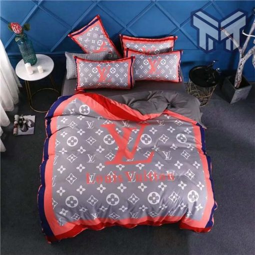 Louis Vuitton Red Logo Grey Luxury Brand Premium Bedding Set Duvet Cover Home Decor