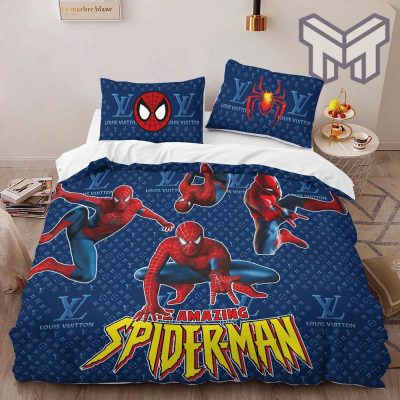 Louis Vuitton Spider Man Blue Logo Luxury Brand High-End Bedding Set LV Home Decor