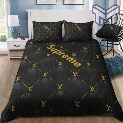 Louis Vuitton Supreme Black Luxury Brand Bedding Set Bedspread Duvet Cover Set Home Decor